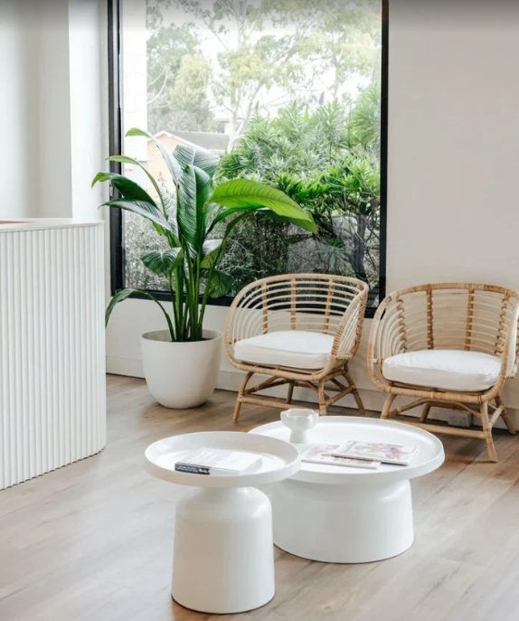 Bright, plant-filled massage studio with rattan chairs and natural light
