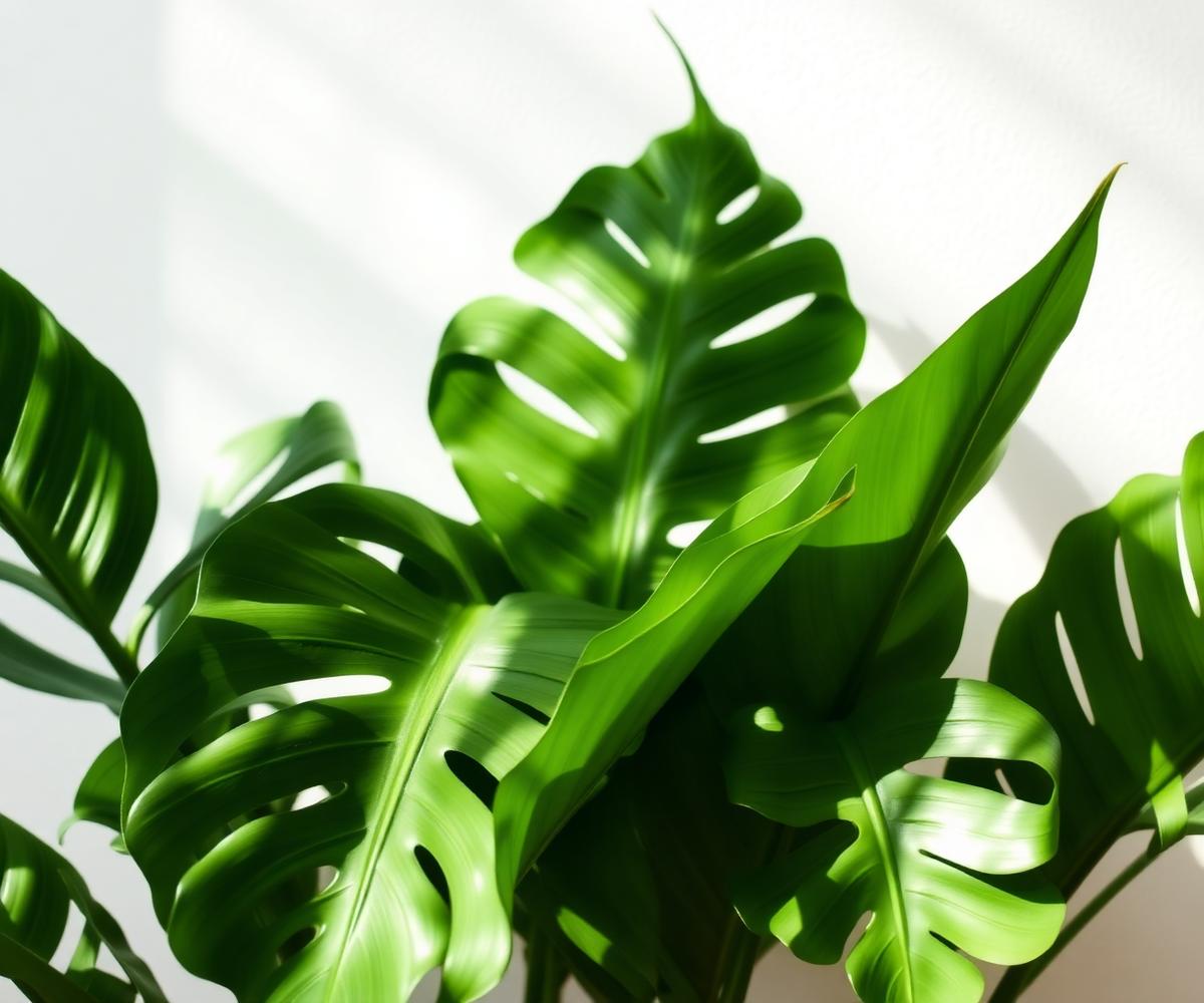 Green tropical leaves bathed in soft natural light