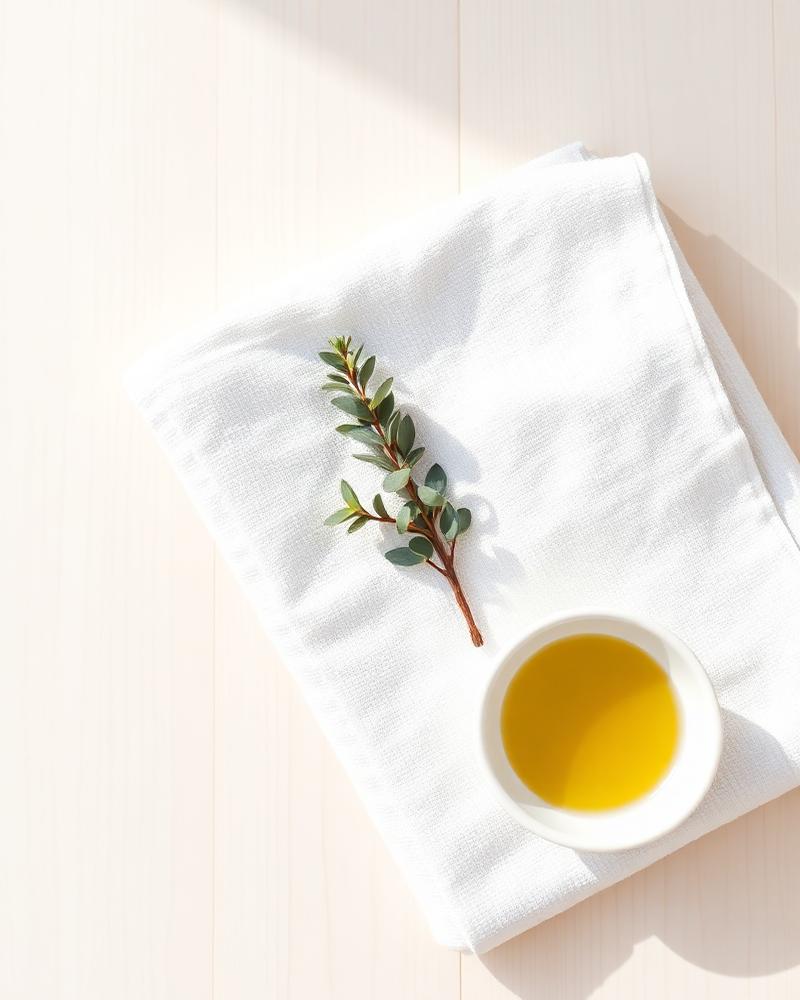 Folded white linen with eucalyptus sprig and small dish of oil